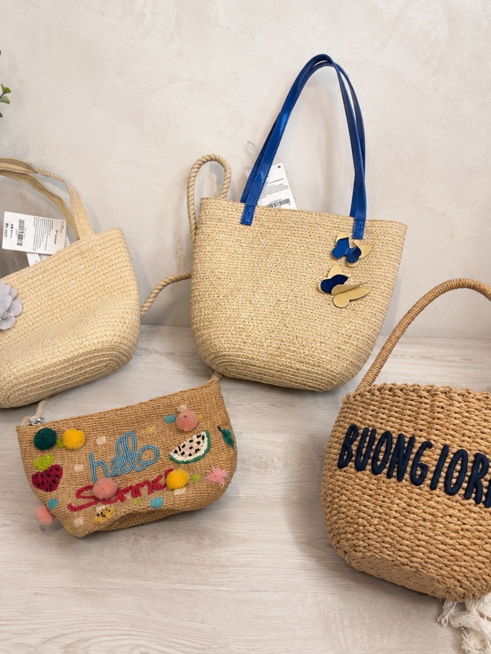 Little girls Straw Tote with Blue Handles and Accent Charms